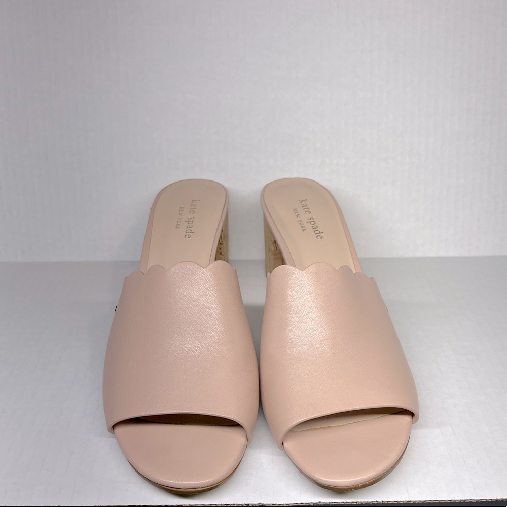 Kate Spade Warren Scalloped Leather Block Heels Size 8.5 Mule Slide Peep Toe